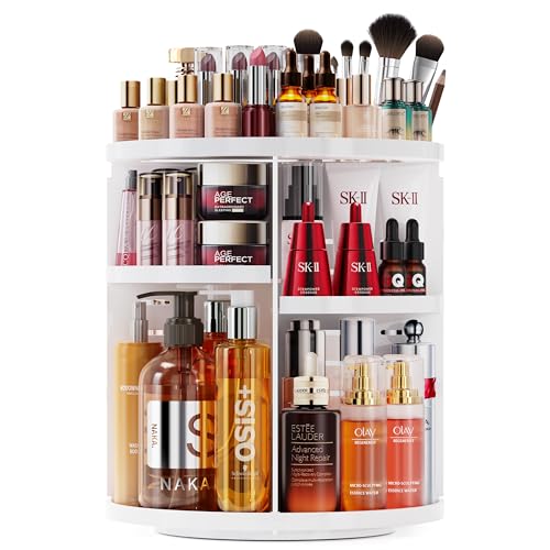 Auxmir Make Up Kosmetik Organizer, 360° Drehbar Skincare Beauty Organizer, Schmink Kosmetikbox Aufbewahrungbox aus Kunststoff für Dresser Schlafzimmer Badezimmer, Weiß von Auxmir