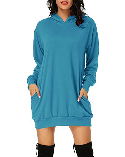 Auxo Damen Hoodie Kleid Pullover Langarm Sweatshirts Kapuzenpullover Tops Herbst Mini Kleid 01-Azure XL von Auxo