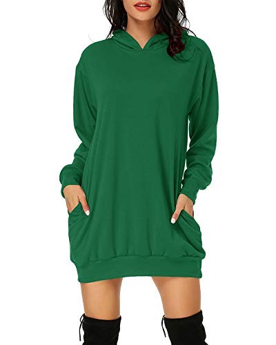 Auxo Damen Hoodie Kleid Pullover Langarm Sweatshirts Kapuzenpullover Tops Herbst Mini Kleid 01-Grasgrün 2XL von Auxo