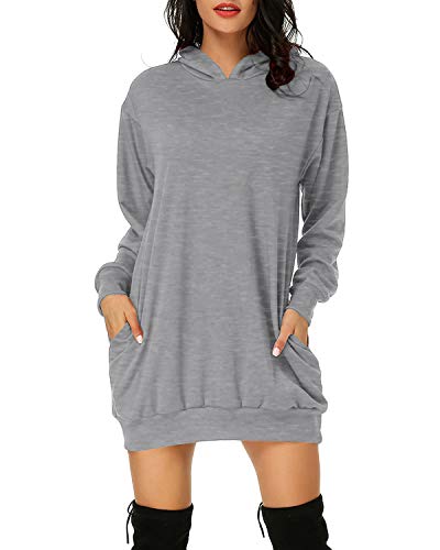 Auxo Damen Hoodie Kleid Pullover Langarm Sweatshirts Kapuzenpullover Tops Herbst Mini Kleid 01-Hellgrau M von Auxo