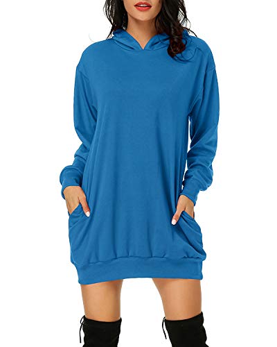 Auxo Damen Hoodie Kleid Pullover Langarm Sweatshirts Kapuzenpullover Tops Herbst Mini Kleid 01-Klassisches Blau XXXL von Auxo