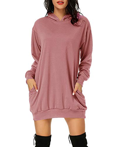 Auxo Damen Hoodie Kleid Pullover Langarm Sweatshirts Kapuzenpullover Tops Herbst Mini Kleid 01-schmutziges Rosa S von Auxo