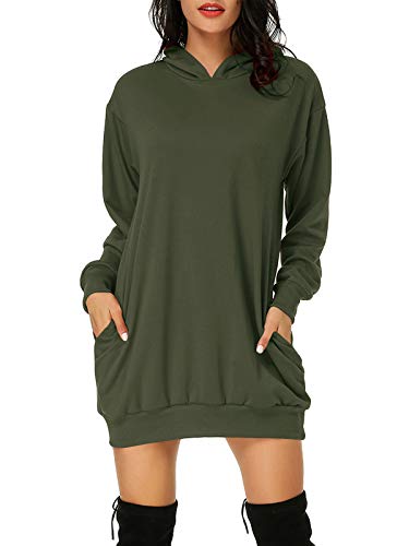 Auxo Damen Hoodie Kleid Pullover Langarm Sweatshirts Kapuzenpullover Tops Herbst Mini Kleid 01-Armee-grün M von Auxo