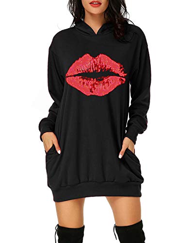 Auxo Damen Hoodie Kleid Pullover Langarm Sweatshirts Kapuzenpullover Tops Lippen Herbst Kleid 04-Lippen Schwarz Large von Auxo