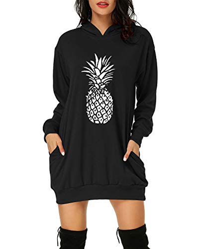 Auxo Damen Langarm Kapuzenpullover Drucken Hoodies Tunika Pullover Sweatshirt Minikleid Lange Tops 04-Ananas Schwarz L von Auxo