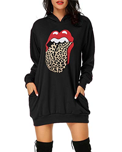 Auxo Damen Langarm Kapuzenpullover Drucken Hoodies Tunika Pullover Sweatshirt Minikleid Lange Tops 04-Lippen Schwarz 1 S von Auxo