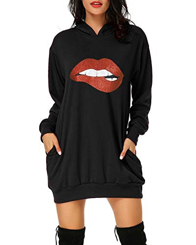 Auxo Damen Langarm Kapuzenpullover Drucken Hoodies Tunika Pullover Sweatshirt Minikleid Lange Tops 04-Lippen Schwarz 2 M von Auxo