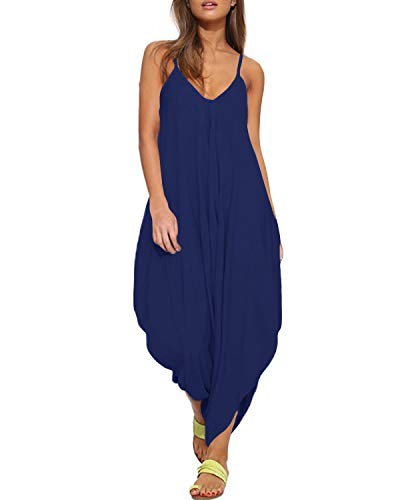 Auxo Damen V-Ausschnitt Ärmellos Lose Jumpsuit Jumper Rückenfrei Lange Romper Harem Playsuit 01-einfarbig Navy Etikettgröße S von Auxo