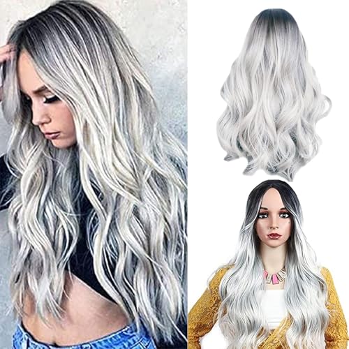 Halloween Perücke Damen Grau,Graue Perücke Damen,Ombre Silber Grau Lang Lockig,Grey Wig Lang Haar Gelockt,Perücke Grau Lang,Perücke Frauen für Halloween Karneval Cosplay Mottoparty von Auzlya