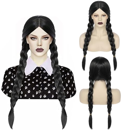 Wednesday Perücke Kinder,Halloween Perücke Damen,Mittwoch Perücke,Wednesday Perücke Schwarz Lang,Schwarz Geflochtene Perücken,Schwarz Perücke Zöpfe für Cosplay Fasching Karneval Halloween von Auzlya