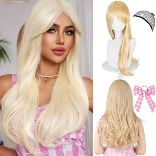Perücke Prinzessin Damen Mädchen,Blond Lange Gewellte Perücke mit Haarnetz und Schleife,Cosplay Perücken für Frauen und Mädchen,Karneval Halloween Fasching Kostüme Party von Auzlya