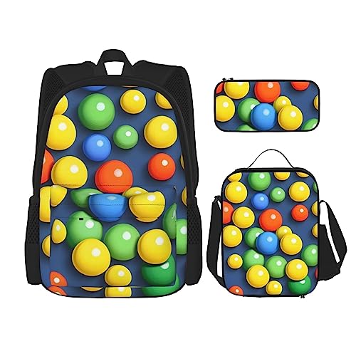 AvImYa Rucksack + Federmäppchen/Beutel + Lunch-Tasche Kombination Schultaschen Büchertasche Mädchen Jungen Kinder Studenten leicht langlebig bunte Bälle, Schwarz , Einheitsgröße von AvImYa