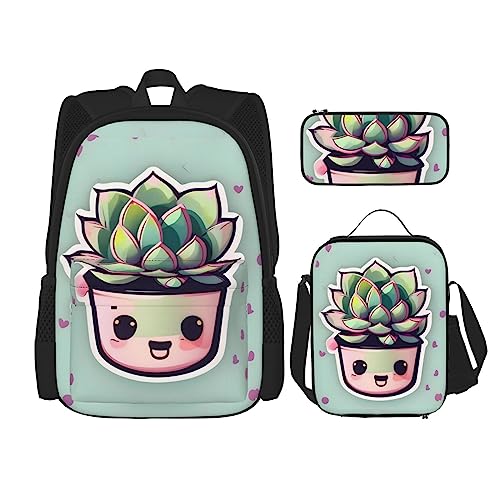 AvImYa Rucksack + Federmäppchen/Beutel + Lunch-Tasche Kombination Schultaschen Büchertasche Mädchen Jungen Kinder Studenten leicht langlebig lächelnde Sukkulenten, Schwarz , Einheitsgröße von AvImYa