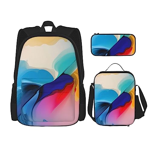 AvImYa Rucksack + Federmäppchen/Beutel + Lunch-Tasche Kombination Schultaschen Büchertasche Mädchen Jungen Kinder Studenten leicht langlebig rund Aquarellmalerei, Schwarz , One size von AvImYa