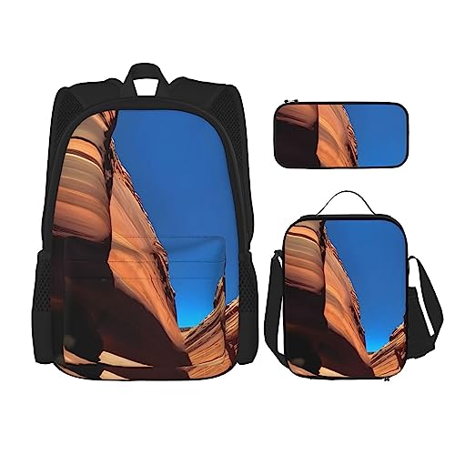 AvImYa Rucksack + Federmäppchen/Beutel + Lunchtasche Kombination Schultaschen Büchertasche Mädchen Jungen Kinder Studenten leicht langlebig Colorado Landschaft, Schwarz , Einheitsgröße von AvImYa