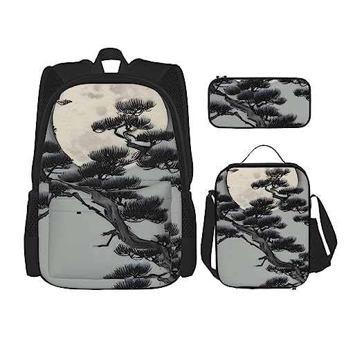 AvImYa Rucksack + Federmäppchen/Beutel + Lunchtasche Kombination Schultaschen Büchertasche Mädchen Jungen Kinder Studenten leicht langlebig Kiefer unter dem Mond, Schwarz , Einheitsgröße von AvImYa