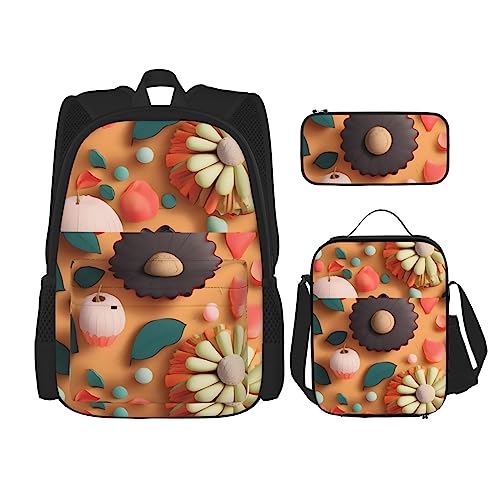 AvImYa Rucksack + Federmäppchen + Lunch-Tasche + Lunch-Tasche Kombination Schultaschen Büchertasche Mädchen Jungen Kinder Schüler leicht langlebig geschnittenes Papier mit bunten Sonnenblumen, Schwarz von AvImYa