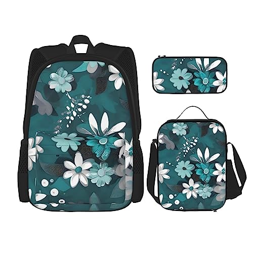 AvImYa Rucksack + Federmäppchen + Lunch-Tasche + Lunch-Tasche Kombination Schultaschen Büchertasche Mädchen Jungen Kinder Studenten Leicht Langlebig Blaugrün Grau und Weiß Floral, Schwarz , von AvImYa