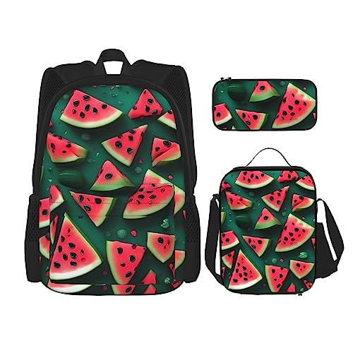 AvImYa Rucksack + Federmäppchen + Lunch-Tasche + Lunch-Tasche Kombination Schultaschen Büchertasche Mädchen Jungen Kinder Studenten Leicht Langlebig Dream Wassermelone, Schwarz , One size von AvImYa