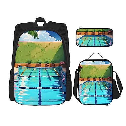 AvImYa Rucksack + Federmäppchen + Lunch-Tasche + Lunch-Tasche Kombination Schultaschen Büchertasche Mädchen Jungen Kinder Studenten Leicht Langlebig Flamingo und Schwimmbad, Schwarz , Einheitsgröße von AvImYa