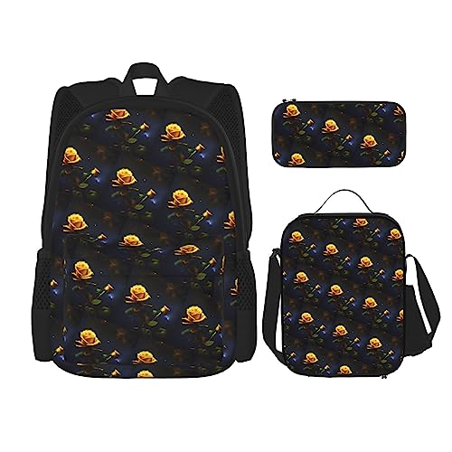 AvImYa Rucksack + Federmäppchen + Lunch-Tasche + Lunch-Tasche Kombination Schultaschen Büchertasche Mädchen Jungen Kinder Studenten Leicht Langlebig Gelbe Rosen Sternennacht, Schwarz , One size von AvImYa