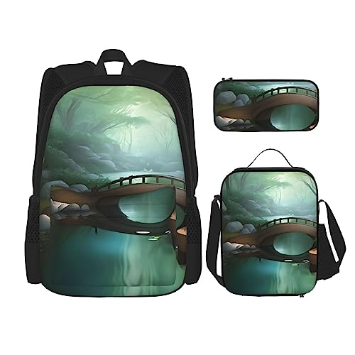 AvImYa Rucksack + Federmäppchen + Lunch-Tasche + Lunch-Tasche Kombination Schultaschen Büchertasche Mädchen Jungen Kinder Studenten Leicht Langlebig Kleine Brücke im Osten, Schwarz , One size von AvImYa