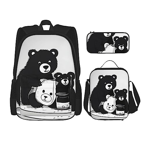 AvImYa Rucksack + Federmäppchen + Lunch-Tasche + Lunch-Tasche Kombination Schultaschen Büchertasche Mädchen Jungen Kinder Studenten Leicht Langlebig Niedlich Milchflasche Bär, Schwarz , One size von AvImYa
