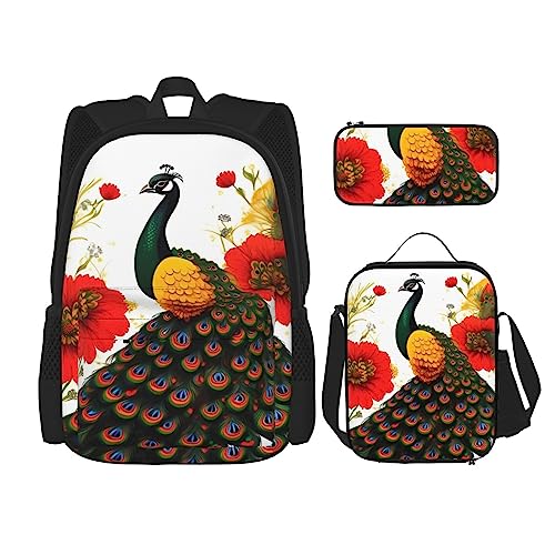 AvImYa Rucksack + Federmäppchen + Lunch-Tasche + Lunch-Tasche Kombination Schultaschen Büchertasche Mädchen Jungen Kinder Studenten Leicht Langlebig Pfau Rote Blume, Schwarz , One size von AvImYa