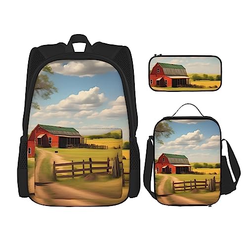 AvImYa Rucksack + Federmäppchen + Lunch-Tasche + Lunch-Tasche Kombination Schultaschen Büchertasche Mädchen Jungen Kinder Studenten Leicht Langlebig Ranch View, Schwarz , One size von AvImYa