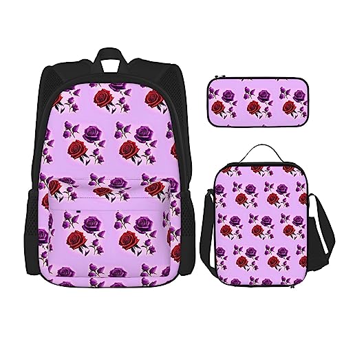 AvImYa Rucksack + Federmäppchen + Lunch-Tasche + Lunch-Tasche Kombination Schultaschen Büchertasche Mädchen Jungen Kinder Studenten Leicht Langlebig Rot Und Lila Rosen, Schwarz , One size von AvImYa
