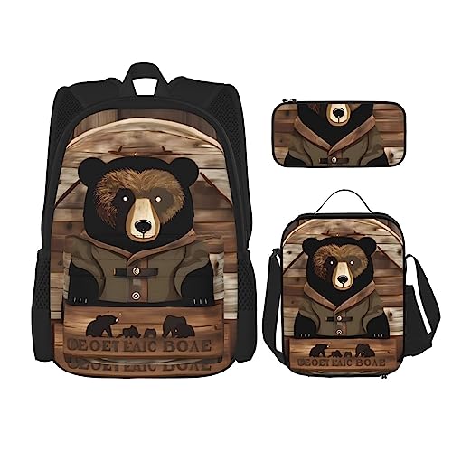 AvImYa Rucksack + Federmäppchen + Lunch-Tasche + Lunch-Tasche Kombination Schultaschen Büchertasche Mädchen Jungen Kinder Studenten Leicht Langlebig Rustikal Lodge Bear, Schwarz , Einheitsgröße von AvImYa