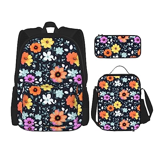 AvImYa Rucksack + Federmäppchen + Lunch-Tasche + Lunch-Tasche Kombination Schultaschen Büchertasche Mädchen Jungen Kinder Studenten Leicht Langlebig Schöne Bunte Blumen, Schwarz , One size von AvImYa