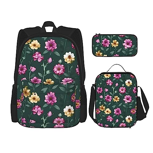 AvImYa Rucksack + Federmäppchen + Lunch-Tasche + Lunch-Tasche Kombination Schultaschen Büchertasche Mädchen Jungen Kinder Studenten Leicht Langlebig Schöne Lila Blumen, Schwarz , One size von AvImYa