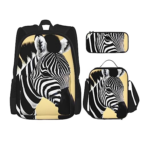 AvImYa Rucksack + Federmäppchen + Lunch-Tasche + Lunch-Tasche Kombination Schultaschen Büchertasche Mädchen Jungen Kinder Studenten Leicht Langlebig Schwarz und Weiß Zebra, Schwarz , Einheitsgröße von AvImYa