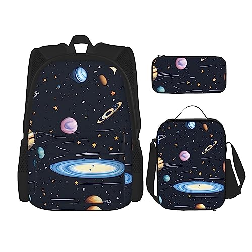 AvImYa Rucksack + Federmäppchen + Lunch-Tasche + Lunch-Tasche Kombination Schultaschen Büchertasche Mädchen Jungen Kinder Studenten Leicht Langlebig The Solar Family, Schwarz , One size von AvImYa