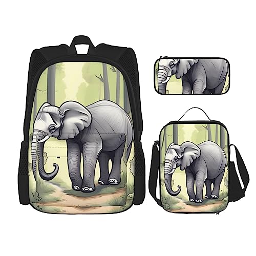 AvImYa Rucksack + Federmäppchen + Lunch-Tasche + Lunch-Tasche Kombination Schultaschen Büchertasche Mädchen Jungen Kinder Studenten Leicht Langlebig Walking Elefant, Schwarz , One size von AvImYa