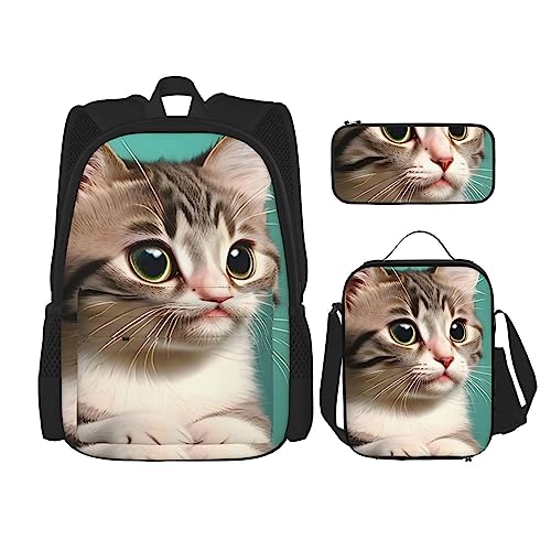 AvImYa Rucksack + Federmäppchen + Lunch-Tasche + Lunch-Tasche Kombination Schultaschen Büchertasche Mädchen Jungen Kinder Studenten leicht langlebig A Curious Cat, Schwarz , Einheitsgröße von AvImYa