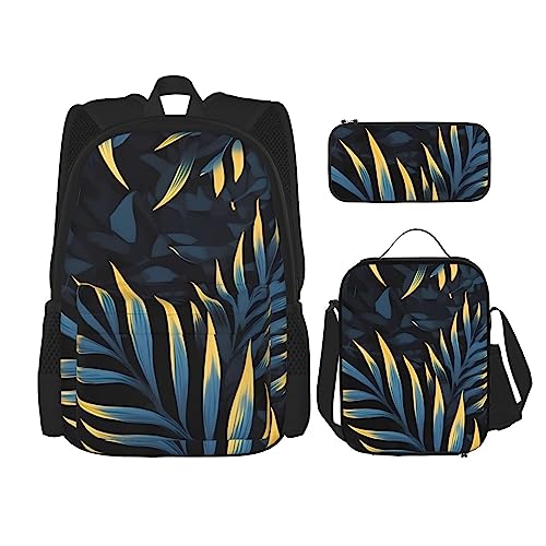 AvImYa Rucksack + Federmäppchen + Lunch-Tasche + Lunch-Tasche Kombination Schultaschen Büchertasche Mädchen Jungen Kinder Studenten leicht langlebig Blätter im Dunkeln, Schwarz , One size von AvImYa