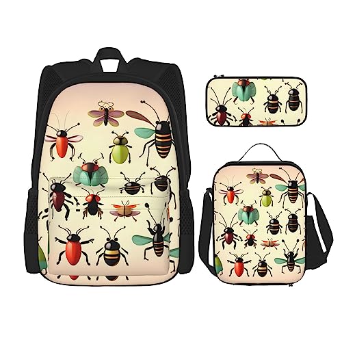 AvImYa Rucksack + Federmäppchen + Lunch-Tasche + Lunch-Tasche Kombination Schultaschen Büchertasche Mädchen Jungen Kinder Studenten leicht langlebig Cartoon kleine Insekten, Schwarz , Einheitsgröße von AvImYa