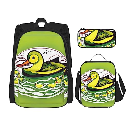 AvImYa Rucksack + Federmäppchen + Lunch-Tasche + Lunch-Tasche Kombination Schultaschen Büchertasche Mädchen Jungen Kinder Studenten leicht langlebig Entenflocken Spiel, Schwarz , One size von AvImYa