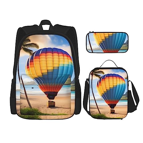 AvImYa Rucksack + Federmäppchen + Lunch-Tasche + Lunch-Tasche Kombination Schultaschen Büchertasche Mädchen Jungen Kinder Studenten leicht langlebig Hawaii Heißluftballon, Schwarz , One size von AvImYa