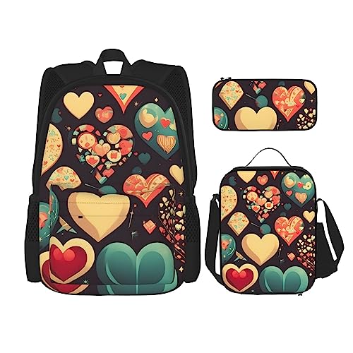 AvImYa Rucksack + Federmäppchen + Lunch-Tasche + Lunch-Tasche Kombination Schultaschen Büchertasche Mädchen Jungen Kinder Studenten leicht langlebig Herz Crush Blume, Schwarz , One size von AvImYa