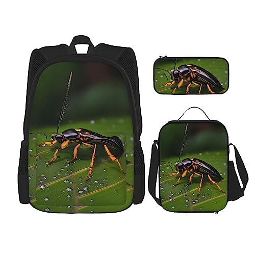 AvImYa Rucksack + Federmäppchen + Lunch-Tasche + Lunch-Tasche Kombination Schultaschen Büchertasche Mädchen Jungen Kinder Studenten leicht langlebig Insekten auf Blättern, Schwarz , Einheitsgröße von AvImYa