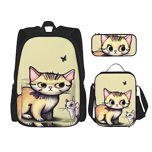 AvImYa Rucksack + Federmäppchen + Lunch-Tasche + Lunch-Tasche Kombination Schultaschen Büchertasche Mädchen Jungen Kinder Studenten leicht langlebig Katze und Schmetterling, Schwarz , One size von AvImYa