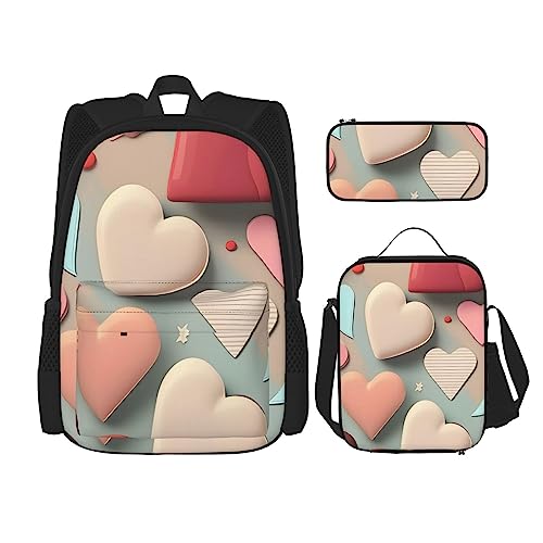 AvImYa Rucksack + Federmäppchen + Lunch-Tasche + Lunch-Tasche Kombination Schultaschen Büchertasche Mädchen Jungen Kinder Studenten leicht langlebig Liebesmuster, Schwarz , One size von AvImYa