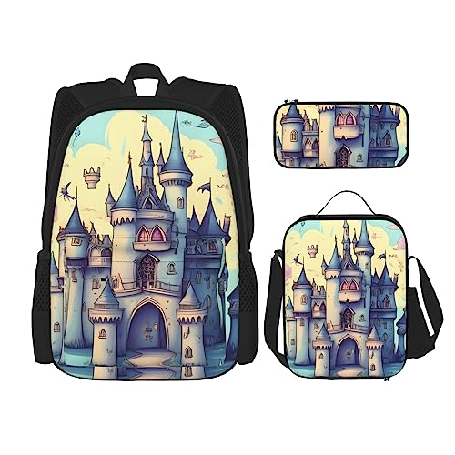 AvImYa Rucksack + Federmäppchen + Lunch-Tasche + Lunch-Tasche Kombination Schultaschen Büchertasche Mädchen Jungen Kinder Studenten leicht langlebig Märchenschloss, Schwarz , One size von AvImYa