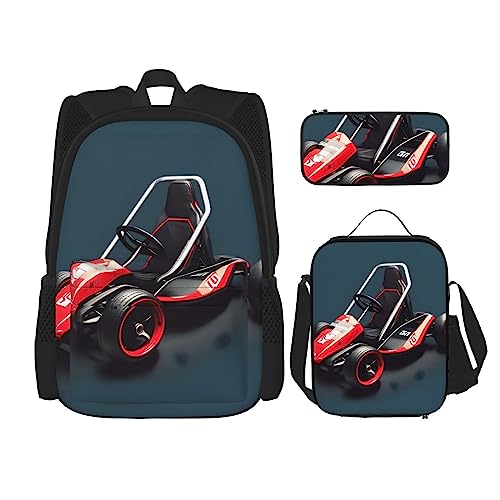 AvImYa Rucksack + Federmäppchen + Lunch-Tasche + Lunch-Tasche Kombination Schultaschen Büchertasche Mädchen Jungen Kinder Studenten leicht langlebig Mini Kart, Schwarz , One size von AvImYa