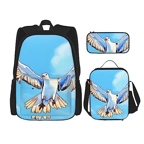 AvImYa Rucksack + Federmäppchen + Lunch-Tasche + Lunch-Tasche Kombination Schultaschen Büchertasche Mädchen Jungen Kinder Studenten leicht langlebig Möwen im Flug, Schwarz , One size von AvImYa