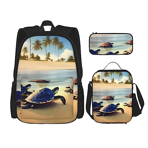 AvImYa Rucksack + Federmäppchen + Lunch-Tasche + Lunch-Tasche Kombination Schultaschen Büchertasche Mädchen Jungen Kinder Studenten leicht langlebig Schildkröten am Strand, Schwarz , Einheitsgröße von AvImYa