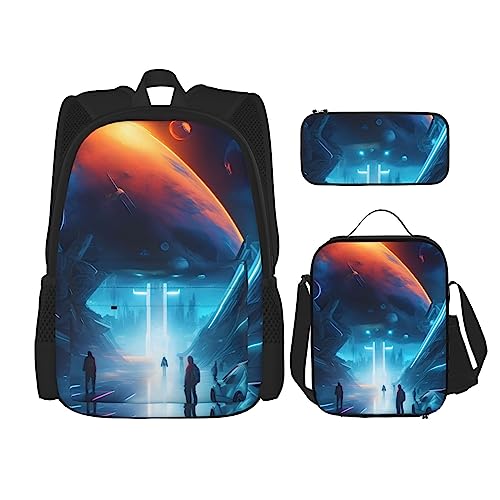 AvImYa Rucksack + Federmäppchen + Lunch-Tasche + Lunch-Tasche Kombination Schultaschen Büchertasche Mädchen Jungen Kinder Studenten leicht langlebig Science Fiction Future, Schwarz , One size von AvImYa